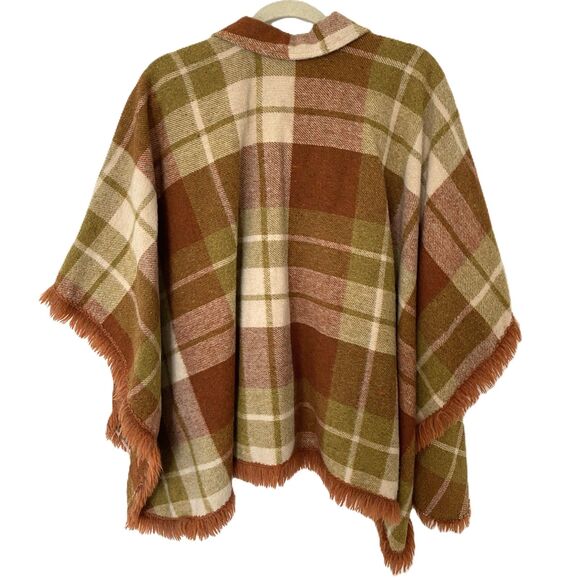 Vintage Chequered Plaid Brown Wool Poncho with Fringed Hem Union ILGWU Label - Picture 2 of 8